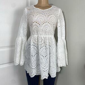 LUMIE White Eyelet Lace Tunic Dress Womens M Boho